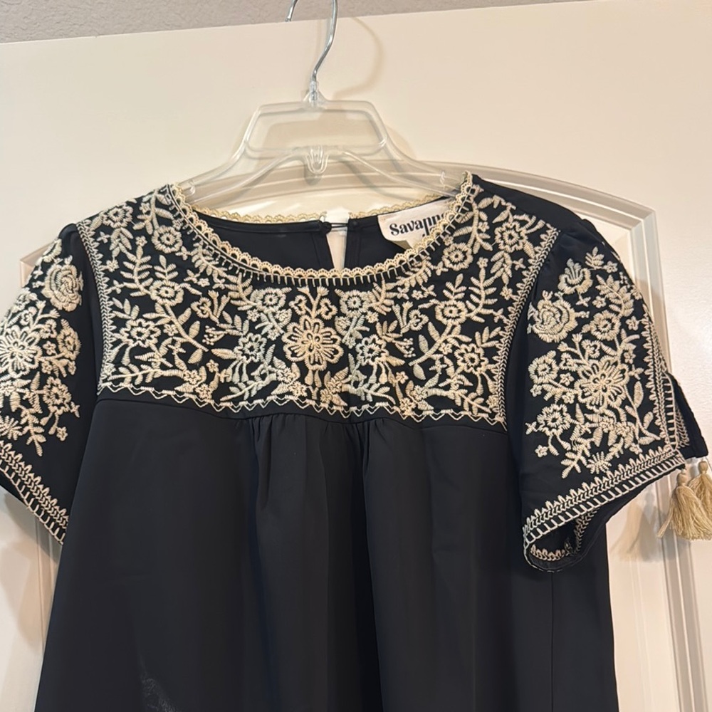 Savanna Jane Black Blouse with Cream Embroidery